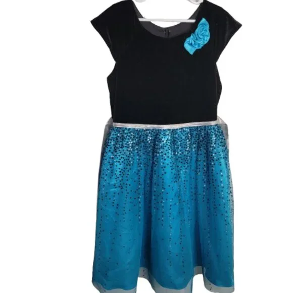 Jona Michelle Holiday Formal Dress Velvet Bodice Button Back Teal Blue 10 - Picture 3 of 17